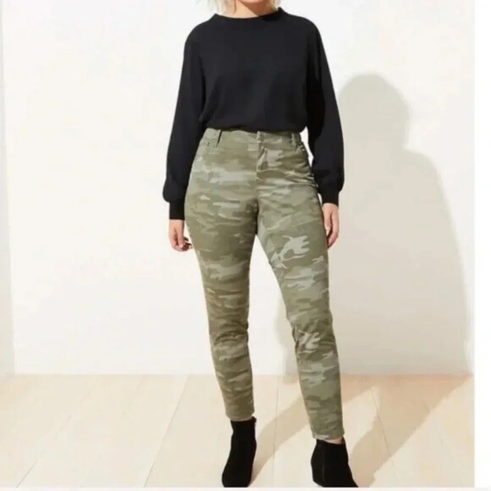 LOFT Pants Marisa Skinny Green Camo High Rise Cotton Blend